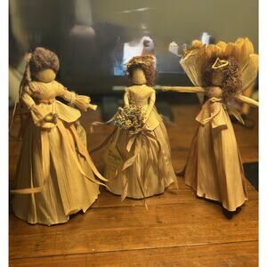 Set 3 Corn Husk Doll Lady With Long Dress Handmade Vintage Rare